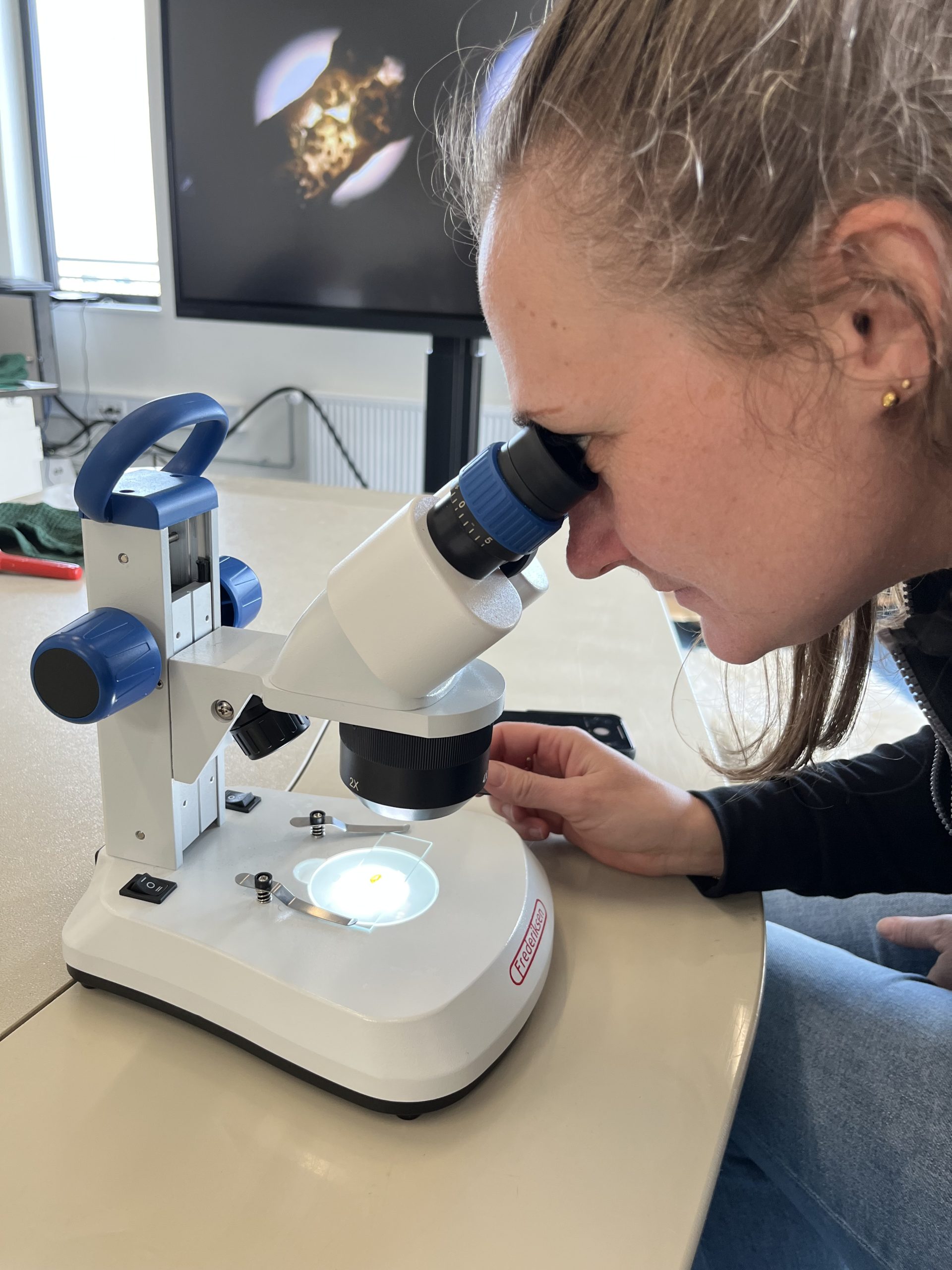 Frida tittar i ett mikroskop